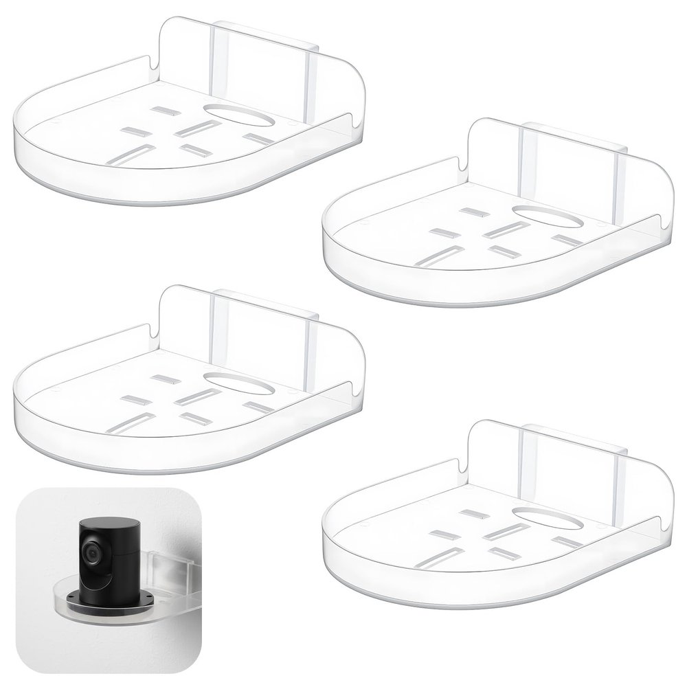 4 Pack Adhesive Security Camera Wall Mount, Universal Transparent Monitor Wall Mount Brackets with Cable Clips Versatile Surveillance Holder Self Adhesive Small Walls Shelf for Bedroom Kitchen Living