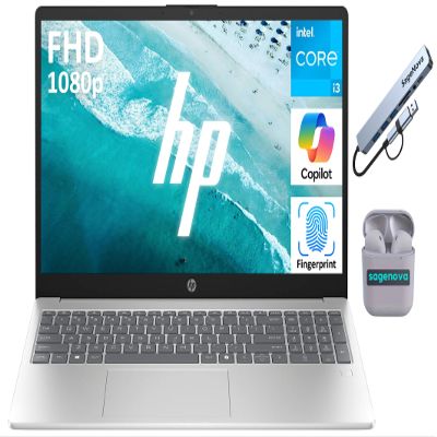 HP 15.6" FHD IPS Laptop Computer, Intel Core i3-N305 (8-Core), 16GB RAM, 1TB Storage (512GB SSD + 512GB Docking Station Set), Windows 11 Home, Fingerprint Reader, SageNova Earphones, Silver