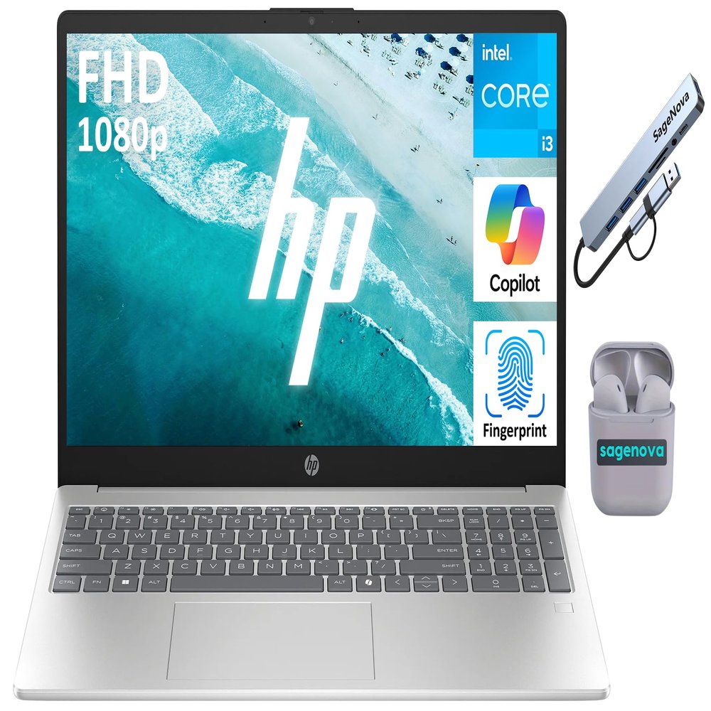 HP 15.6" FHD IPS Laptop Computer, Intel Core i3-N305 (8-Core), 8GB RAM, 512GB Storage (256GB SSD + 256GB Docking Station Set), Windows 11 Home, Fingerprint Reader, SageNova Earphones, Silver