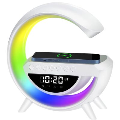 Multifunctional Bluetooth Speaker, G Shaped Wireless Speaker and Charger, 5-in-1 Halo Lamp with 13 RGB Lights,360 Surround Sound Nightstand Clock with for Bedroom Office (White)