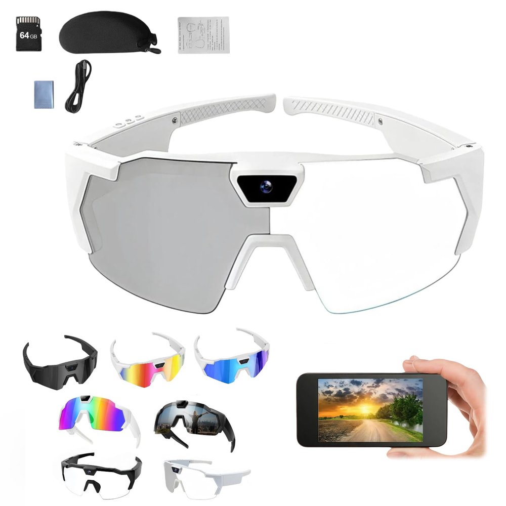 Smart Glasses with Camera, 4K HD POV Smart Baseball Sunglasses Lightweight Video Recording Glasses with Camera Audios Outdoor Sports Action Sunglasses for Men Women 32/64/128GB SD Card (G, 64GB)