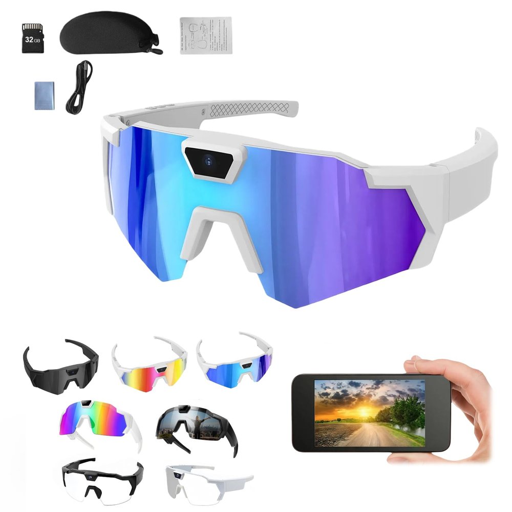 Smart Glasses with Camera, 4K HD POV Smart Baseball Sunglasses Lightweight Video Recording Glasses with Camera Audios Outdoor Sports Action Sunglasses for Men Women 32/64/128GB SD Card (C, 32GB)