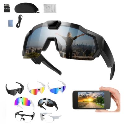 Smart Glasses with Camera, 4K HD POV Smart Baseball Sunglasses Lightweight Video Recording Glasses with Camera Audios Outdoor Sports Action Sunglasses for Men Women 32/64/128GB SD Card (D, 128GB)