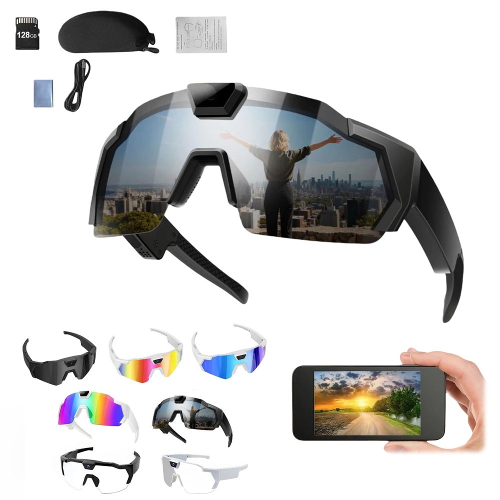 Smart Glasses with Camera, 4K HD POV Smart Baseball Sunglasses Lightweight Video Recording Glasses with Camera Audios Outdoor Sports Action Sunglasses for Men Women 32/64/128GB SD Card (D, 128GB)