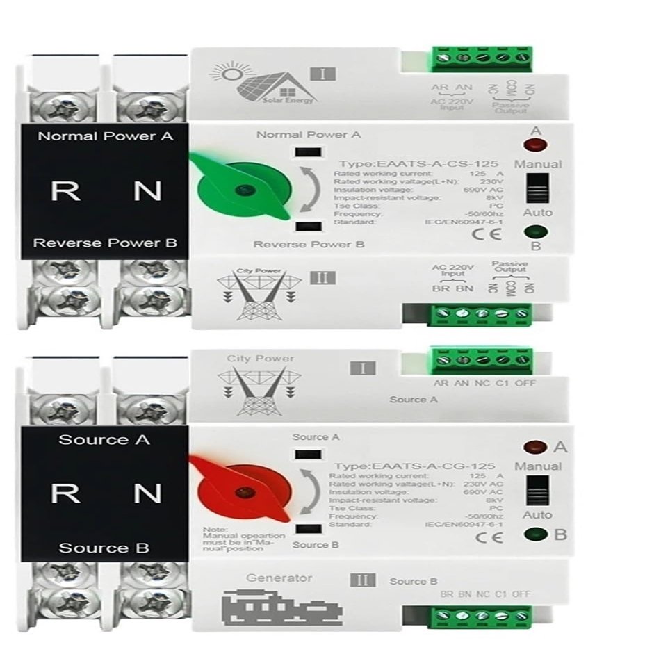 Din Rail ATS PV 2P 4P 125A AC 230V 110V Dual Power Automatic Transfer Switch Electrical Selector Switches Uninterrupted Power(City Grid-City Grid,2P AC 230V)