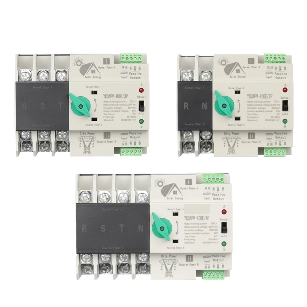 2P Din Rail ATS PV Inverter Dual Power Automatic Transfer Selector Switches Uninterrupted 63A 100A Photovoltaic Solar(2P,100A)