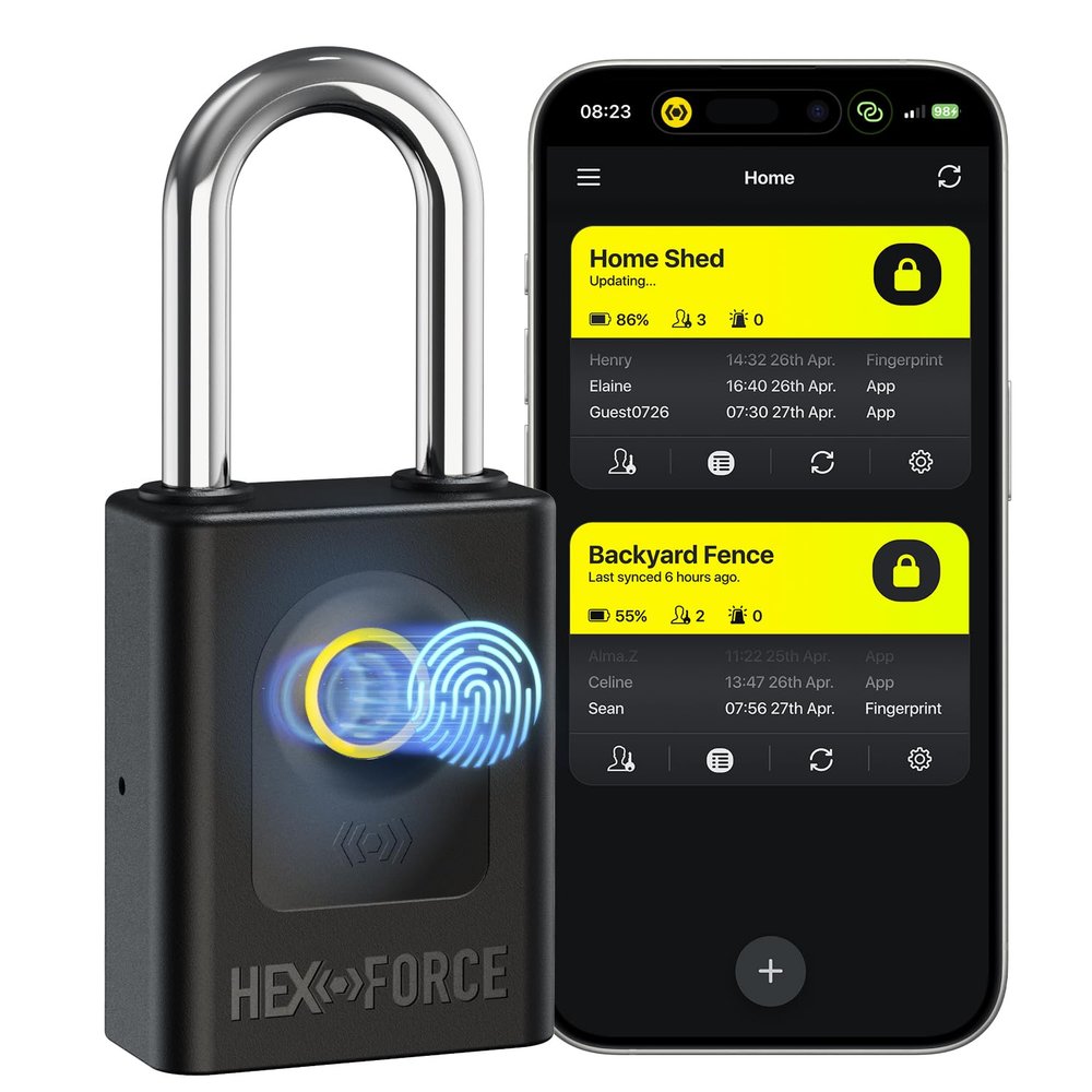 Large-Size Outdoor Fingerprint Padlock - HEXFORCE G1, Heavy Duty Dual-Ball Locking, IP67 Weatherproof, Keyless Biometric & App Control, No Wi-Fi Needed, 5.3 in H x 2.2 in W, for Sheds Gates and Fences