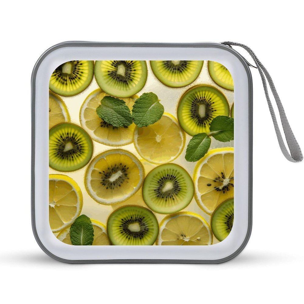 Rrtsmsgh Sliced Lemon And Kiwi in Drink CD Case Wallet 40 Capacity, Durable Waterproof Plastic CD/DVD Storage Case with Handle & Zip Closure, Portable DVD Disc Cases for Car, Office, Travel