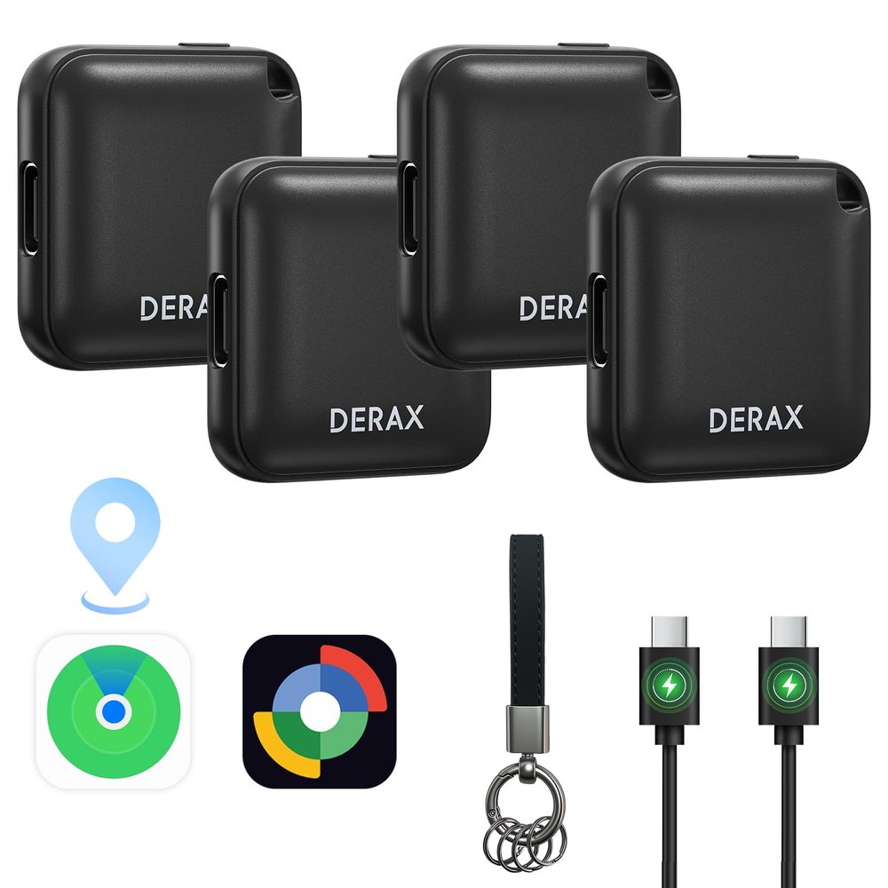 DERAX Bluetooth Tracker 4 Pack - USB-C Rechargeable Tracker Tag Compatible with Find My Device, Works with iOS and Android, Anti Lost Item Finder for Keys Wallet Luggage Backpack, Black