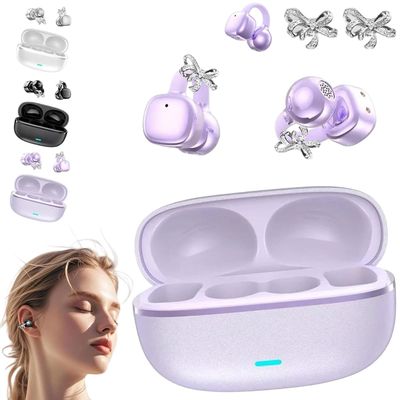 2026 New Clip-On Open-Ear Headphones  Wireless Bluetooth Earbuds with AI Noise Cancelling, Rhinestone Decor & Water Resistant, Lightweight for Women (Purple, Earbuds + Earrings)