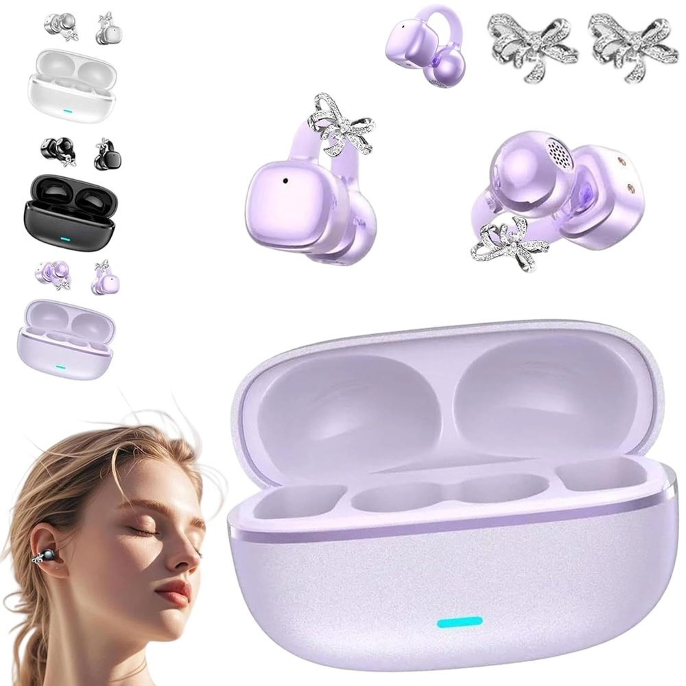 2026 New Clip-On Open-Ear Headphones  Wireless Bluetooth Earbuds with AI Noise Cancelling, Rhinestone Decor & Water Resistant, Lightweight for Women (Purple, Earbuds + Earrings)