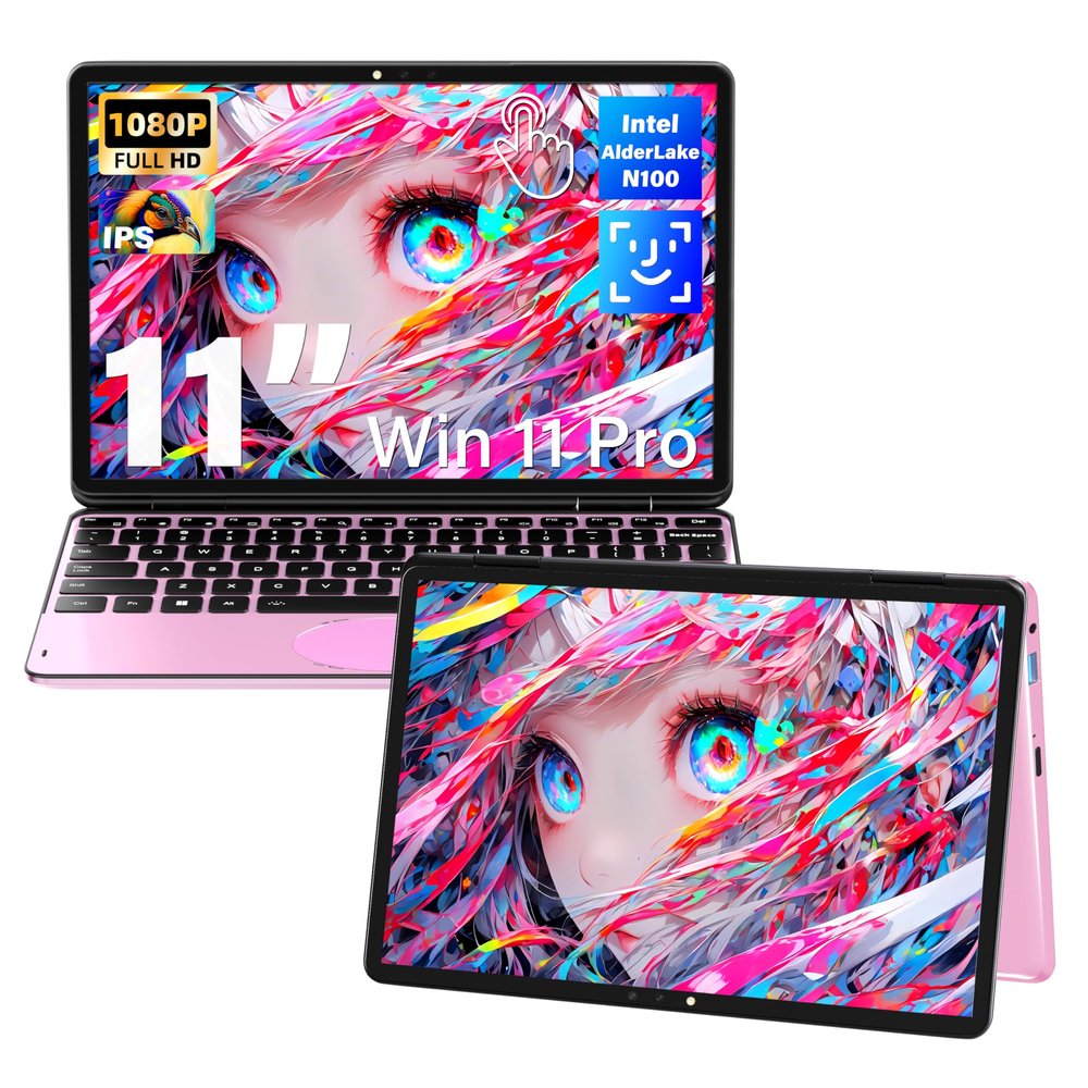 Svikou 11" Touchscreen 2-in-1 Convertible Pink Laptop for Business&Students, in tel N100 CPU,16G DDR4 RAM,512G SSD,FHD 1920 * 1200 IPS,Win 11 Pro,Backlit Keyboard, WiFi, Type-C,HDMI, Oval Trackpad
