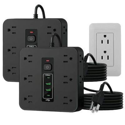 16-in-1 Power Strip with Switch & Surge Protection, 16 in 1 Power Strip Surge Protector, 12 AC Outlets & 2 USB-C, 2 USB-A, 6.6FT Extension Cord with Overload Protection (Black-2Set)