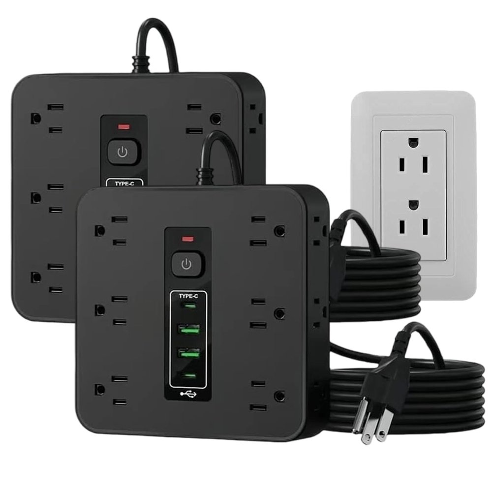 16-in-1 Power Strip with Switch & Surge Protection, 16 in 1 Power Strip Surge Protector, 12 AC Outlets & 2 USB-C, 2 USB-A, 6.6FT Extension Cord with Overload Protection (Black-2Set)