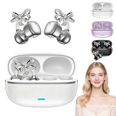 2026 New Clip-On Open-Ear Headphones Wireless Bluetooth Earbuds with Ai Noise Cancelling, Rhinestone Decor & Water Resistant, 144+ Languages,for Workouts & Commuting (White, Regular Version)