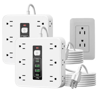 16-in-1 Power Strip with Switch & Surge Protection, 16 in 1 Power Strip Surge Protector, 12 AC Outlets & 2 USB-C, 2 USB-A, 6.6FT Extension Cord with Overload Protection (White-2Set)