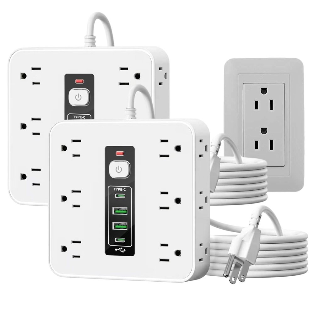 16-in-1 Power Strip with Switch & Surge Protection, 16 in 1 Power Strip Surge Protector, 12 AC Outlets & 2 USB-C, 2 USB-A, 6.6FT Extension Cord with Overload Protection (White-2Set)