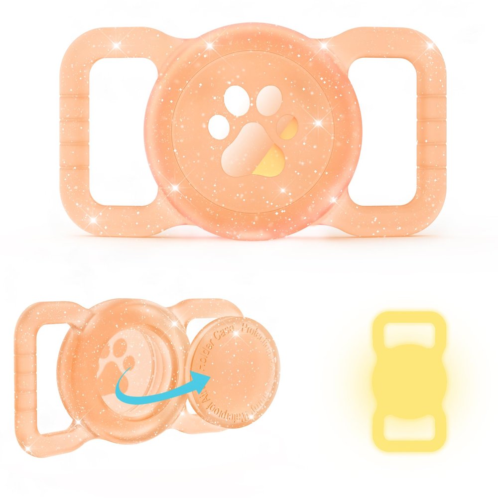 Compatible with Airtag Dog Collar Holder, [1 Pack] Glow in The Dark & Glitter Waterproof Air tag Holder, Silicone Full Body Covered Protective Air tag Case - Fits All Width Collars, Orange Glitter