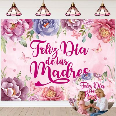 Feliz Dia de la Madre Backdrop 8x6FT Mexican Happy Mother's Day Photography Background Pink Flowers Butterfly Best Mom Ever Party Decorations Supplies Photo Props