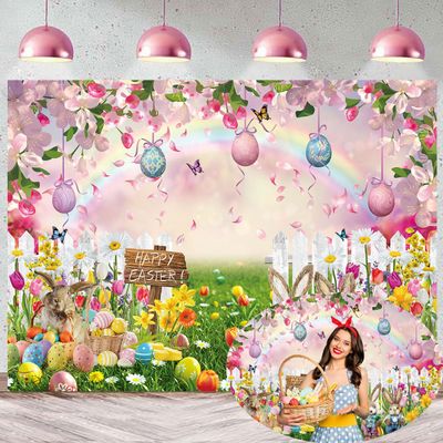 Spring Easter Backdrop 8x6FT Colorful Eggs Bunny Green Grass Spring Flowers Photography Background Easter Newborn Baby Shower Party Decorations Supplies Photo Props