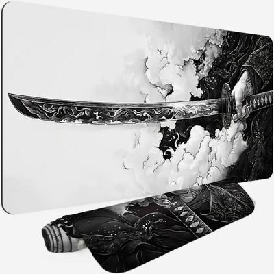 Gaming Mouse Pad Cinematic Samurai Sword - 31.5x11.8 HD Print Japanese Art Desk Mat for Pro Gaming & Minimalist Office, Non-Slip, Stitched Edges, Black and White