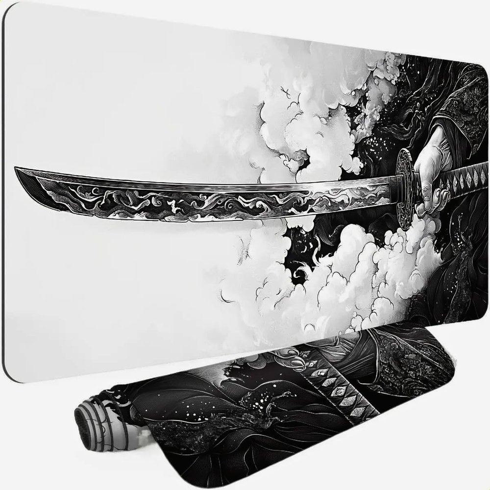 Gaming Mouse Pad Cinematic Samurai Sword - 31.5x11.8 HD Print Japanese Art Desk Mat for Pro Gaming & Minimalist Office, Non-Slip, Stitched Edges, Black and White