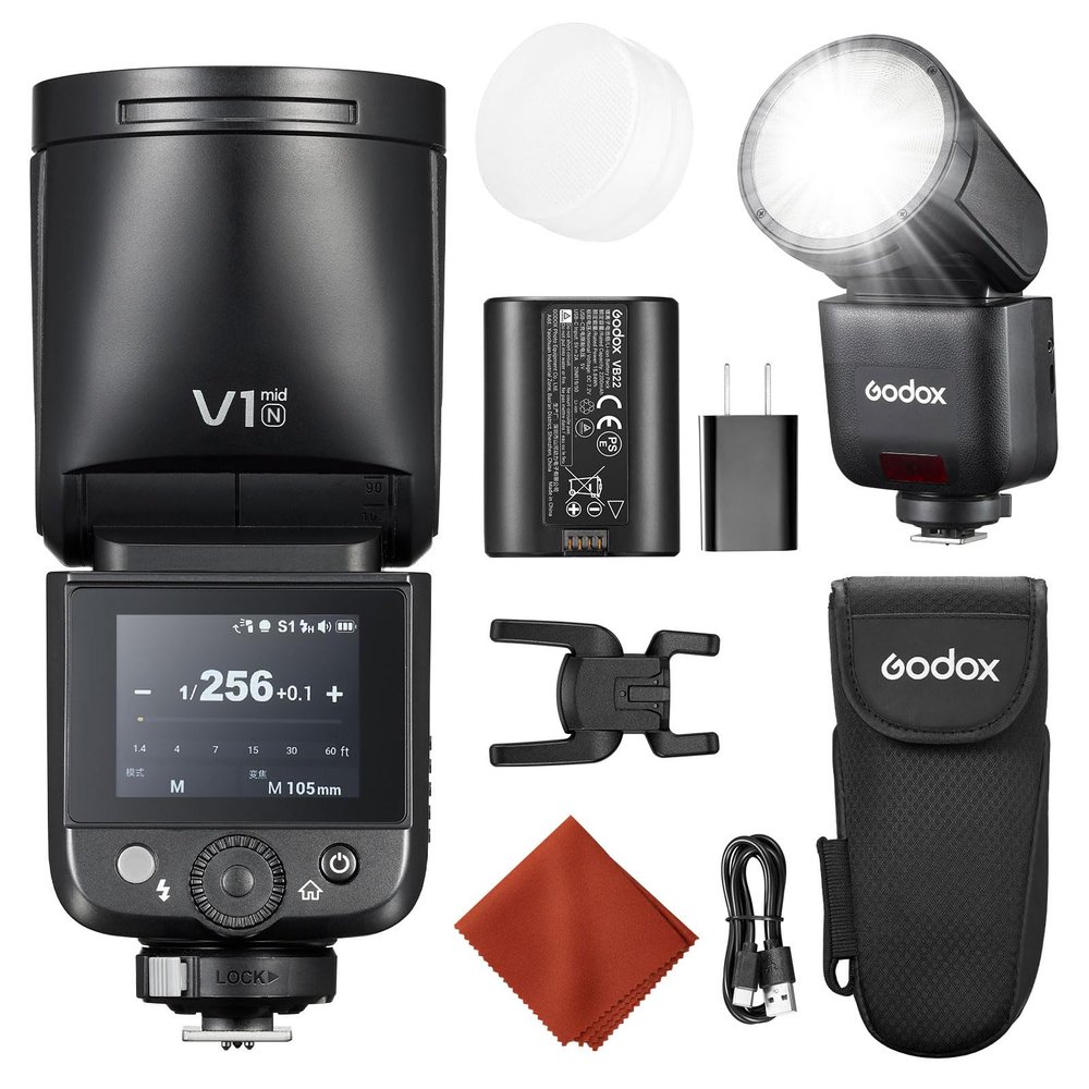 Godox V1 Mid N for Nikon V1 Mid-N Flash Round Head Upgrade TTL Flash 24mm 55Ws, Touchscreen, USB-C Recharge, 1.7s Recycle 650 Pops, HSS 1/8000s, Lightweight Travel Strobe for Z6 Z8 ZFC D60 Fits AK-R1