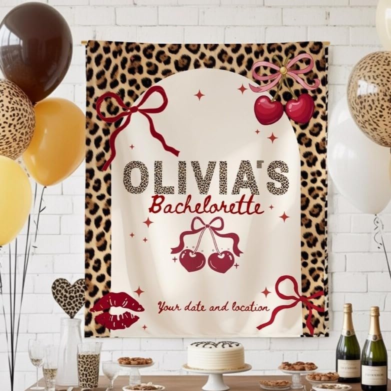 Cheetah Cherries Bachelorette Banner Backdrop Personalized, Glam Animal Print Bach Weekend Decor For Bride Bridesmaids Women Leopard Red Bridal Shower Birthday Christmas Graduation
