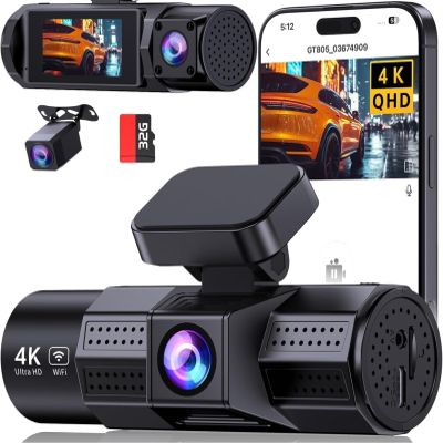 4K 3 Channel Dash Cam Front and Rear Inside, Wi-Fi Full HD Dash Camera for Cars, WDR Night Vision, 2 inch IPS Screen 32GB SD Card Included App Control, Parking Mode G-Sensor Support 256 GB Max