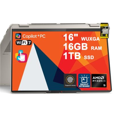 Lenovo Yoga 7 2-in-1 Laptop 16" WUXGA IPS Touch (Glossy Anti-Fingerprint) AMD 8-core Ryzen AI 5 340 (Up to 50 AI Tops) 16GB RAM 1TB SSD for Creator Business Professional Win11Pro ICP Hub Copilot+ AI