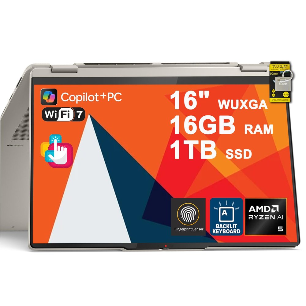 Lenovo Yoga 7 2-in-1 Laptop 16" WUXGA IPS Touch (Glossy Anti-Fingerprint) AMD 8-core Ryzen AI 5 340 (Up to 50 AI Tops) 16GB RAM 1TB SSD for Creator Business Professional Win11Pro ICP Hub Copilot+ AI