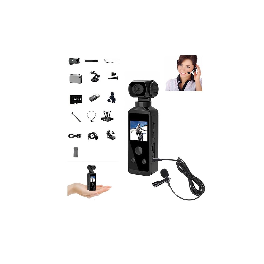 4K Ultra HD Pocket Camcorder WiFi Enabled Action Camera with 16MP Photos,170 Wide Angle Lens,270 Rotating Head, Slow Motion, 1.3-inch Display for Filming Travel Vlog Video,with Mic Clip (32GB)