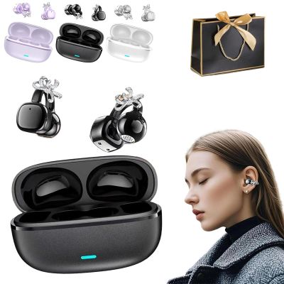2026 New Clip-On Open-Ear Headphones  Wireless Bluetooth Earbuds with AI Noise Cancelling, Rhinestone Decor & Water Resistant, High Resolution, Clear Sound Quality (Black)
