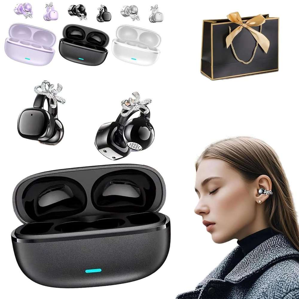 2026 New Clip-On Open-Ear Headphones  Wireless Bluetooth Earbuds with AI Noise Cancelling, Rhinestone Decor & Water Resistant, High Resolution, Clear Sound Quality (Black)