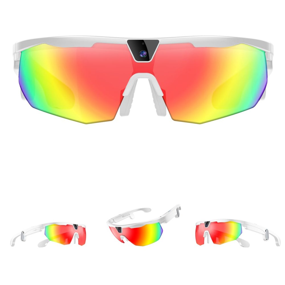 lewomo POV Glasses 1200P 32MP Smart Glasses with Camera for Sport, Baseball, Men, Women, Recording Sunglasses Anti-Shake, Noise Cancellation & AI Assistant Translation 290mAh (White-B)