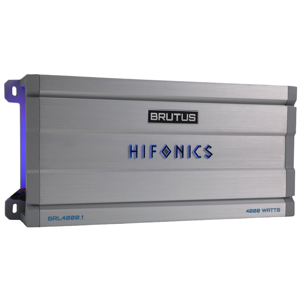 Hifonics Brutus BRL4000.1 car Audio Mono Amplifier Delivering 4000 watts RMS with a Built-in UV Meter and Intelligent Power Management System.