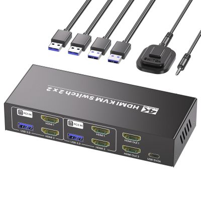 HDMI KVM Switch 2 Monitors 2 Computers, USB 3.0 4K60Hz Dual Monitor KVM Switch for 2 PC Share 2 Monitors and 1 Set of Keyboard Mouse and 4 USB Devices