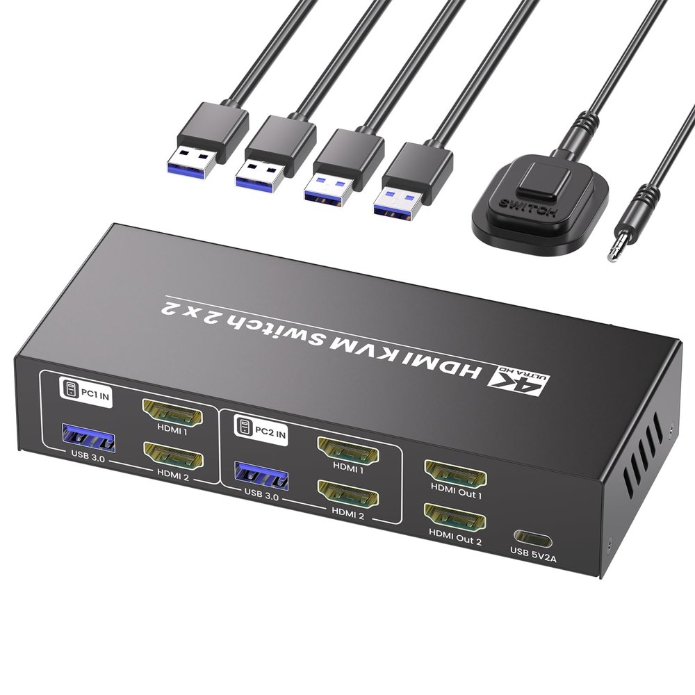 HDMI KVM Switch 2 Monitors 2 Computers, USB 3.0 4K60Hz Dual Monitor KVM Switch for 2 PC Share 2 Monitors and 1 Set of Keyboard Mouse and 4 USB Devices