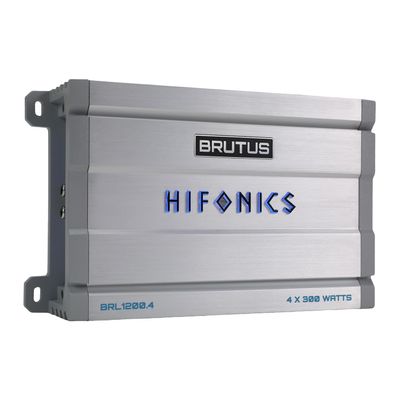 Hifonics Brutus BRL1200.4 car Audio Four Channel Amplifier Delivering 1200 watts RMS with a Built-in UV Meter and Intelligent Power Management System.