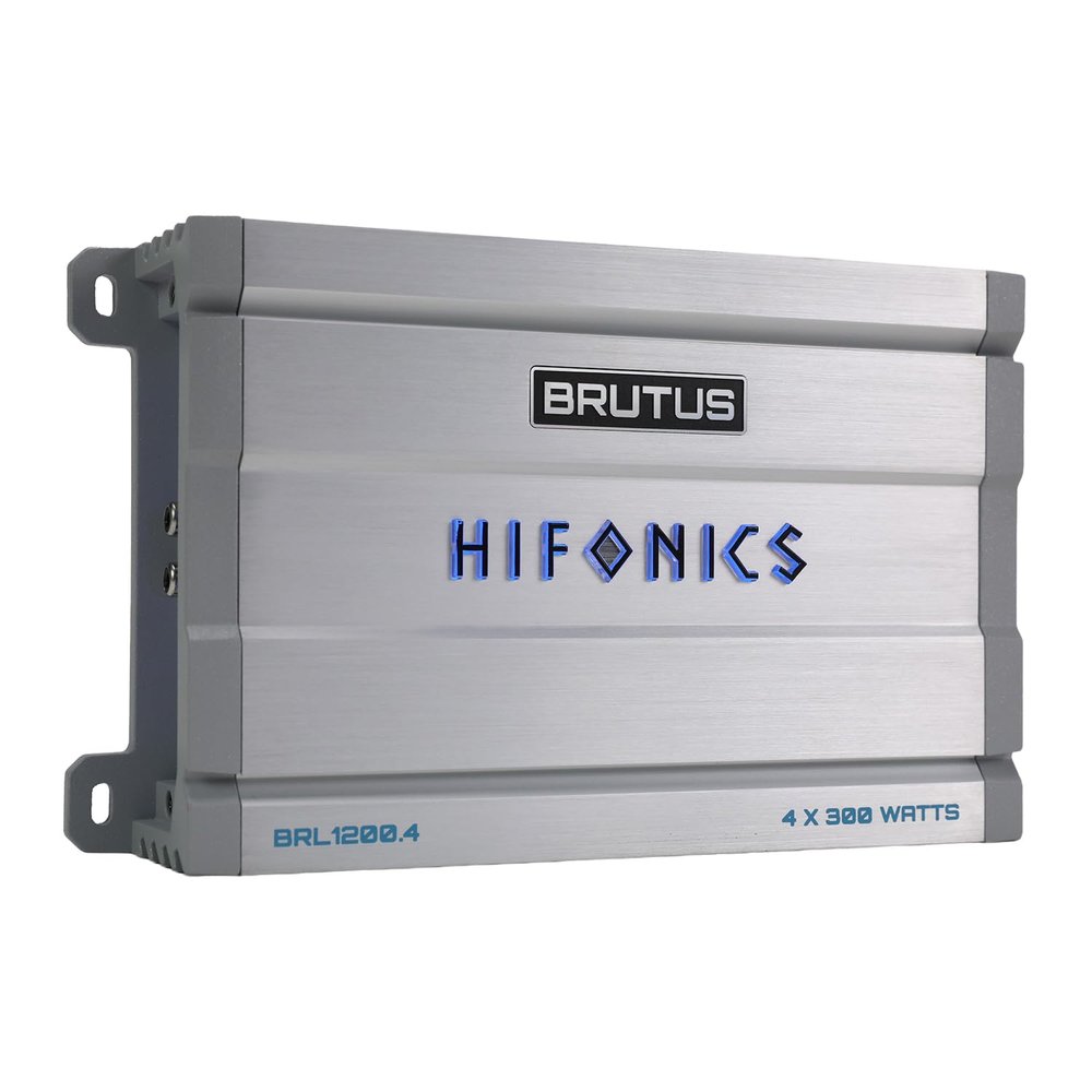 Hifonics Brutus BRL1200.4 car Audio Four Channel Amplifier Delivering 1200 watts RMS with a Built-in UV Meter and Intelligent Power Management System.