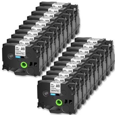 20 Pack 24 Mm X 8 M Black On White Label Tape Compatible with TZ TZe 251 Standard Laminated Ribbon for Label Printers(20PK Black on White)