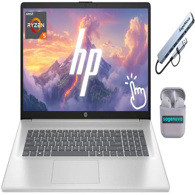HP 17.3" Touchscreen Laptop Computer, Windows 11 Laptop 32GB RAM 2.5TB Storage (2TB SSD+512GB Docking Station Set), AMD Ryzen 5 7430U, HD+ 1600 x 900 Display, Copilot AI, SageNova Earphones, Silver