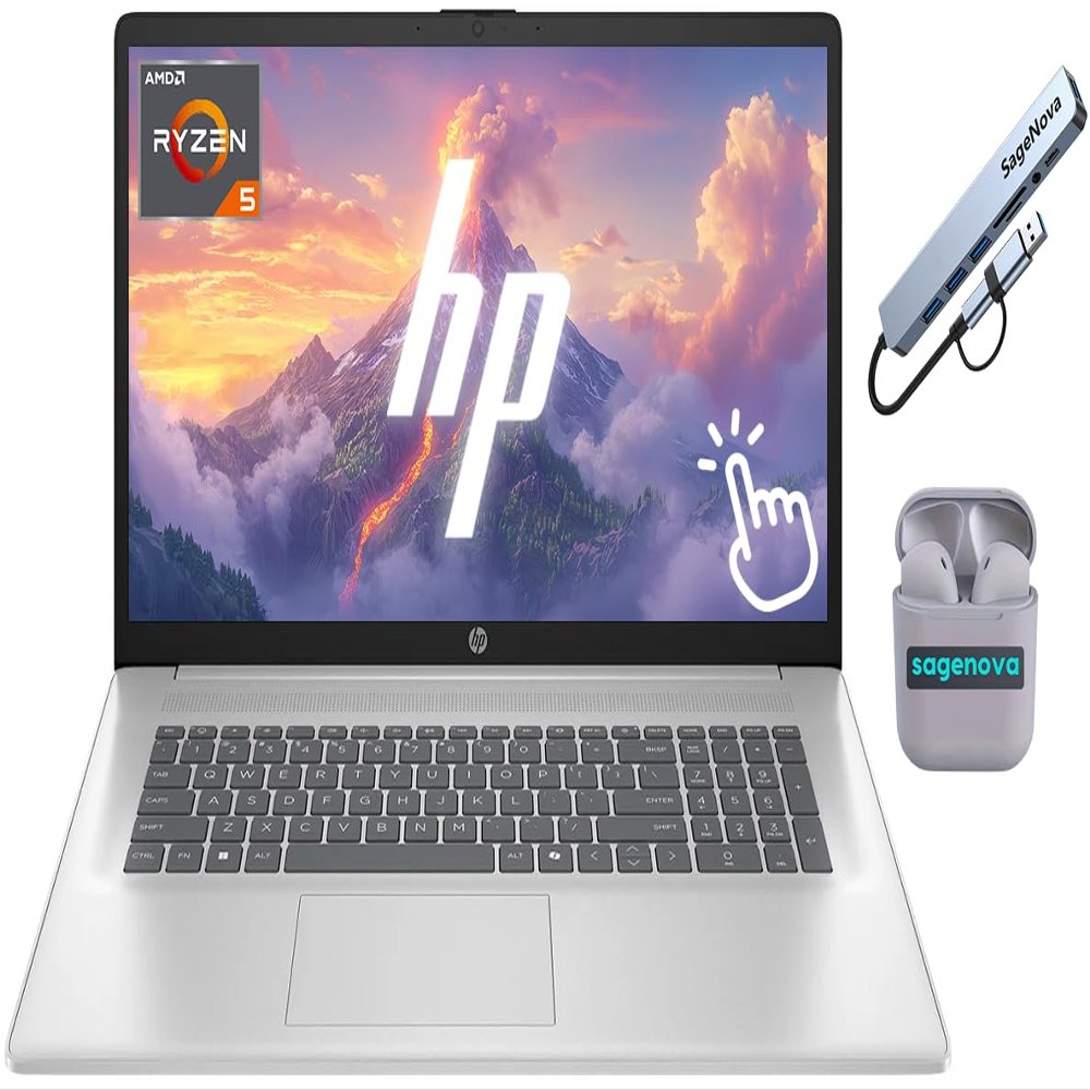 HP 17.3" Touchscreen Laptop Computer, Windows 11 Laptop 32GB RAM 2.5TB Storage (2TB SSD+512GB Docking Station Set), AMD Ryzen 5 7430U, HD+ 1600 x 900 Display, Copilot AI, SageNova Earphones, Silver