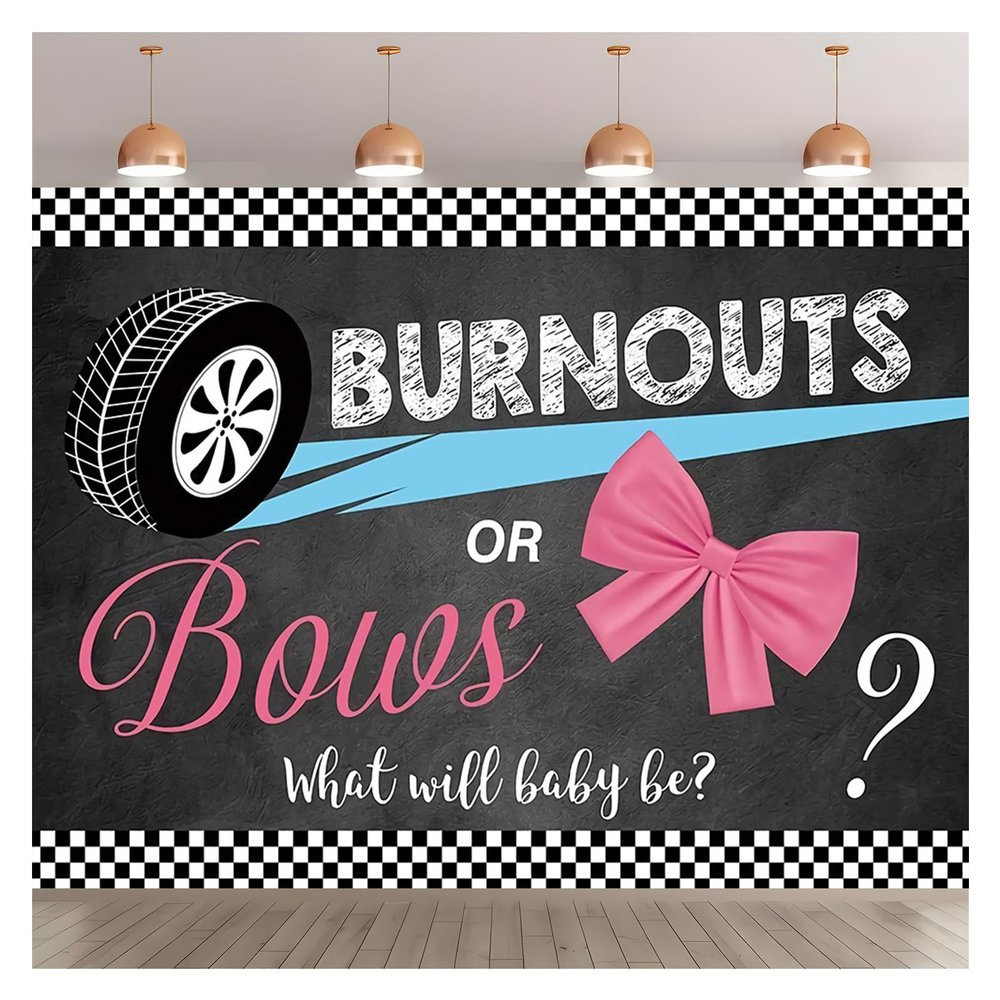 7x5FT Burnouts or Bows Gender Reveal Photography Background What Will Baby Be Photo Backdrop Banner Polyester Fabric Shooting Supplies Party Studio Props Booth Video Decorations