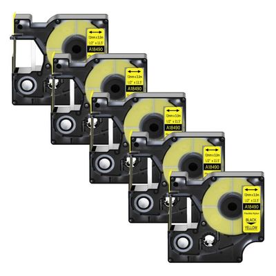 5Pcs Black On White IND Flexible Nylon Label Tape 12mm for 18488 18489(5PK Nylon Yellow)