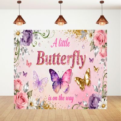 10x8ft Butterfly Baby Shower Backdrop Purple Butterfly Gold Spots Newborn Photo Booth A Little Butterfly is on The Way Photography Background Party Decorations Banner Photo Studio Props