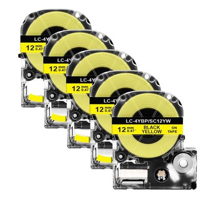5 Pack SS12KW Compatible 12mm Label Tape Adhesive SC12YW for LW300 LW400 Label Maker(5PK Black on Yellow)