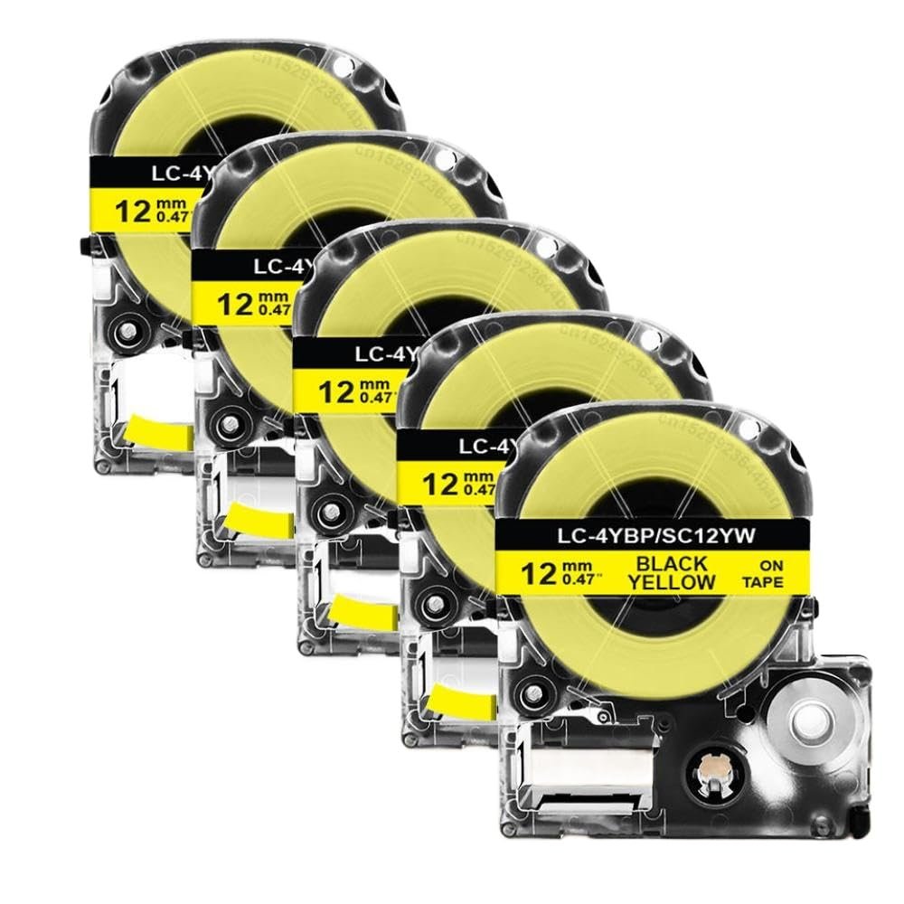 5 Pack SS12KW Compatible 12mm Label Tape Adhesive SC12YW for LW300 LW400 Label Maker(5PK Black on Yellow)