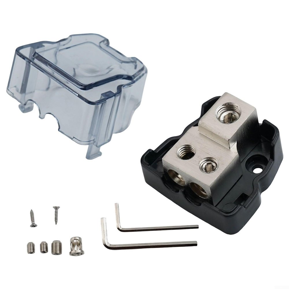 Car Audio Power Distribution Block 1-In-2-Out 4GA IN + 2 x 8GA OUT, Zinc Alloy + ABS Ground Distributor for Modified Cars, Caravans, Yachts4GA IN + 2 x 8GA OUT