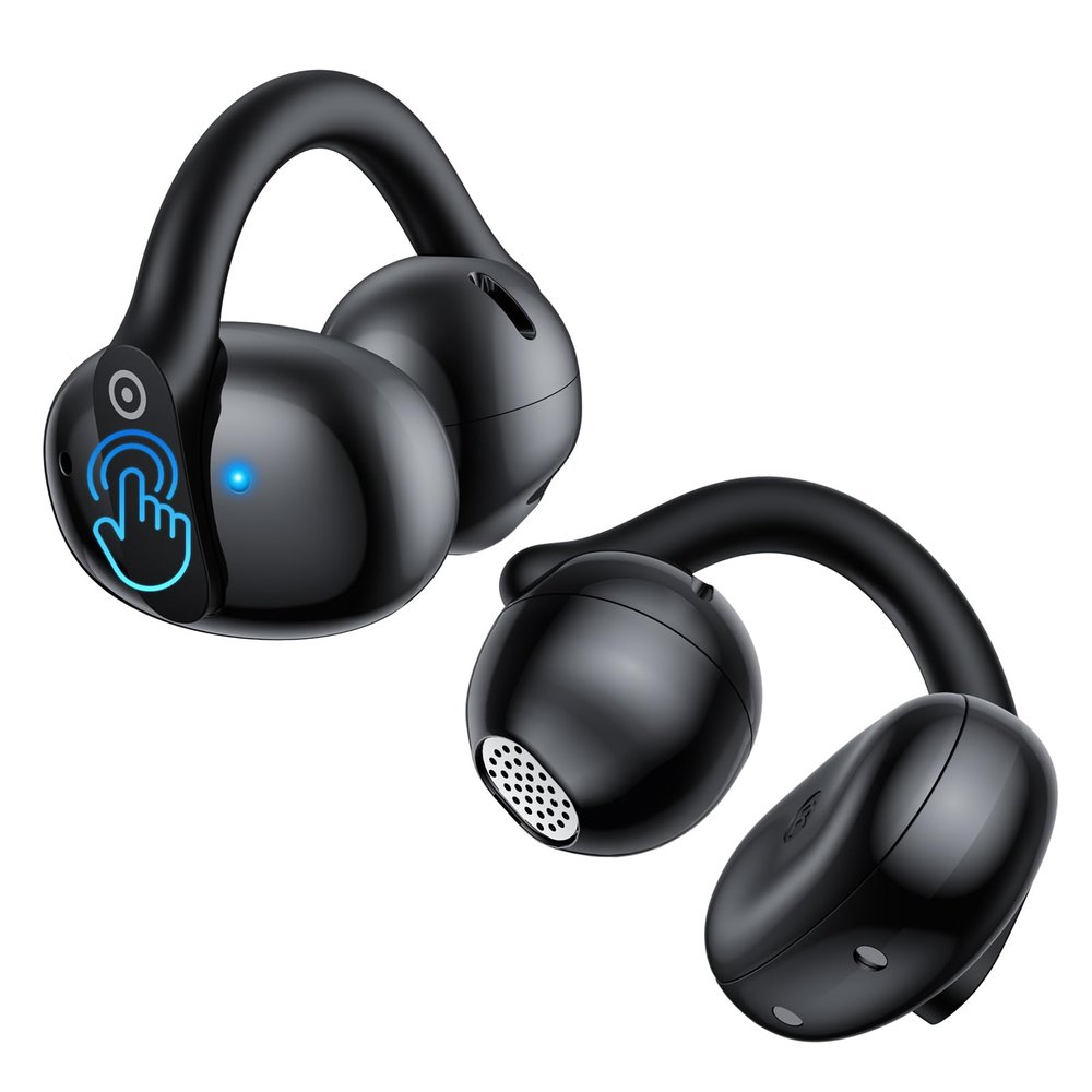 1Mii AI Open Ear Earbuds, Lightweight Clip-On Wireless Earbuds, Open Ear Bluetooth 6.0 Headphones with Display Design, AI Translation Voice Chat Custom EQ via App, for Sports, Running, Workout Black